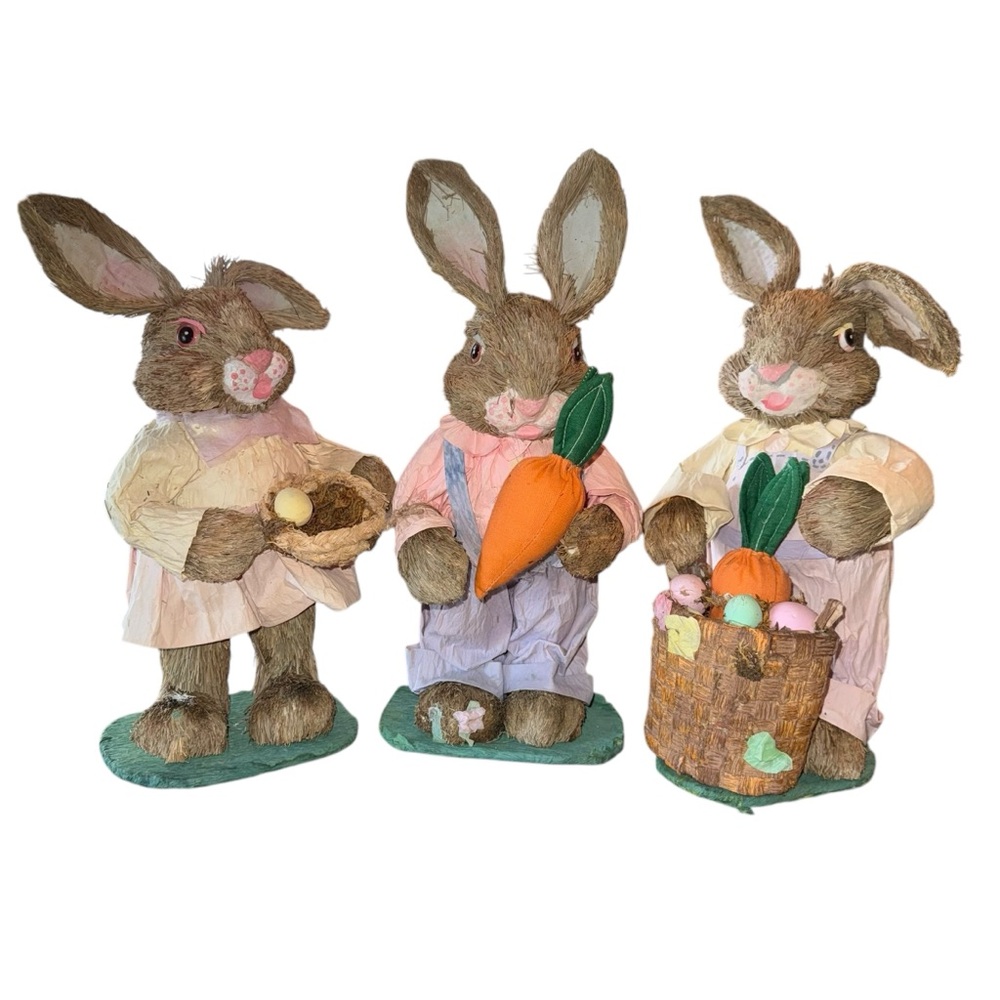 Vintage Easter Sisal Straw Fur Bunny Rabbit  Tabletop Shelf Decoration Set Of 3